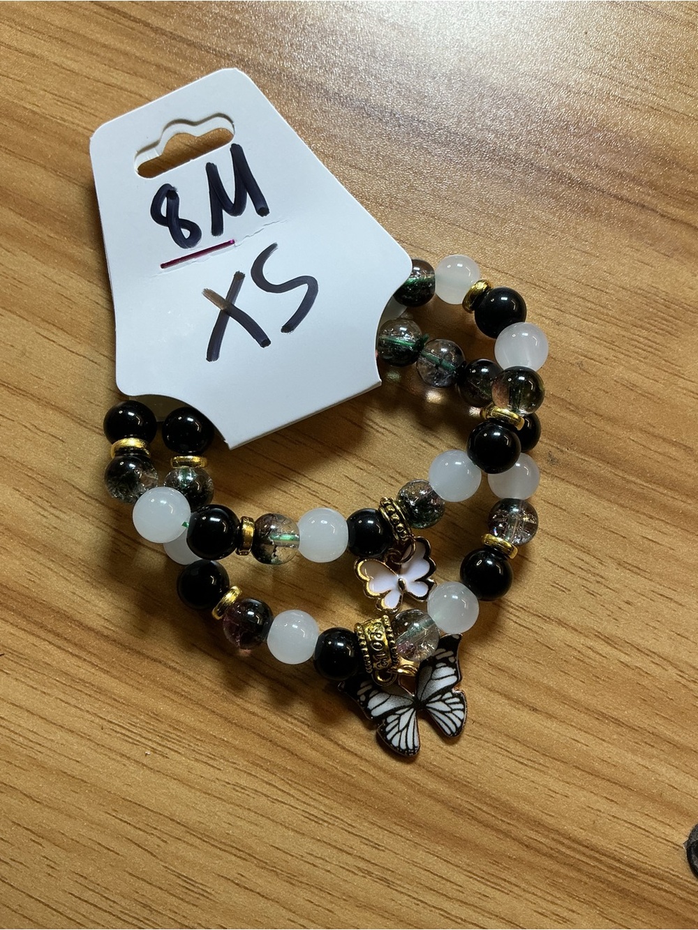 Black & White Beaded Bracelet Set with Butterfly Charm
